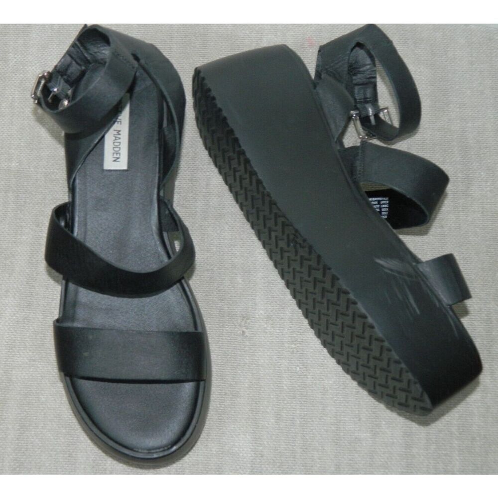 Steve Madden Platform Sandal Size 9.5 Black Leather Strappy Bay Style